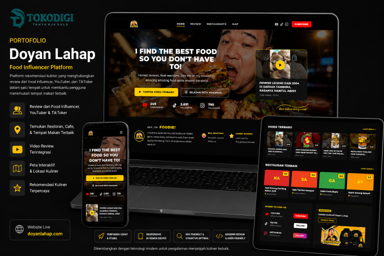 Portofolio website Food Influencer Platform Doyan Lahap hasil pengembangan Tokodigi