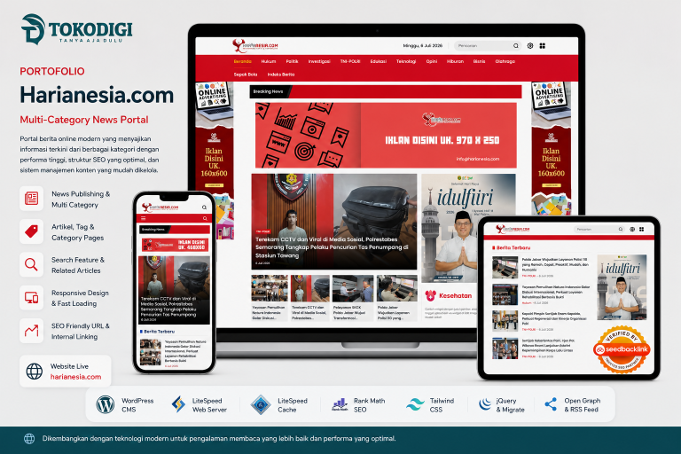 Portofolio website Multi-Category News Portal Harianesia hasil pengembangan Tokodigi