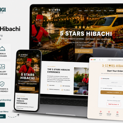 Portofolio website private hibachi catering Five Star Hibachi dengan sistem booking terintegrasi hasil pengembangan Tokodigi
