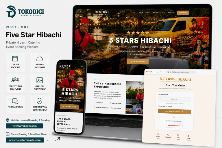 Portofolio website private hibachi catering Five Star Hibachi dengan sistem booking terintegrasi hasil pengembangan Tokodigi