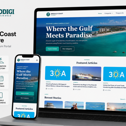 Portofolio website travel guide Emerald Coast Adventure hasil pengembangan Tokodigi