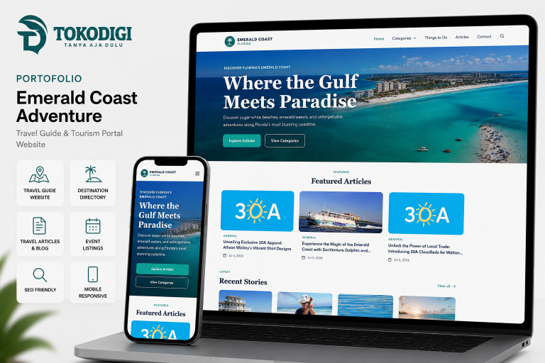 Portofolio website travel guide Emerald Coast Adventure hasil pengembangan Tokodigi